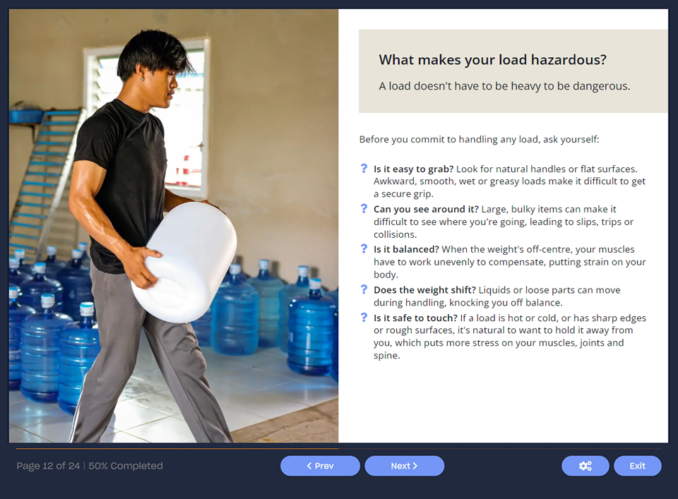 Course screenshot showing what a hazardous load looks like