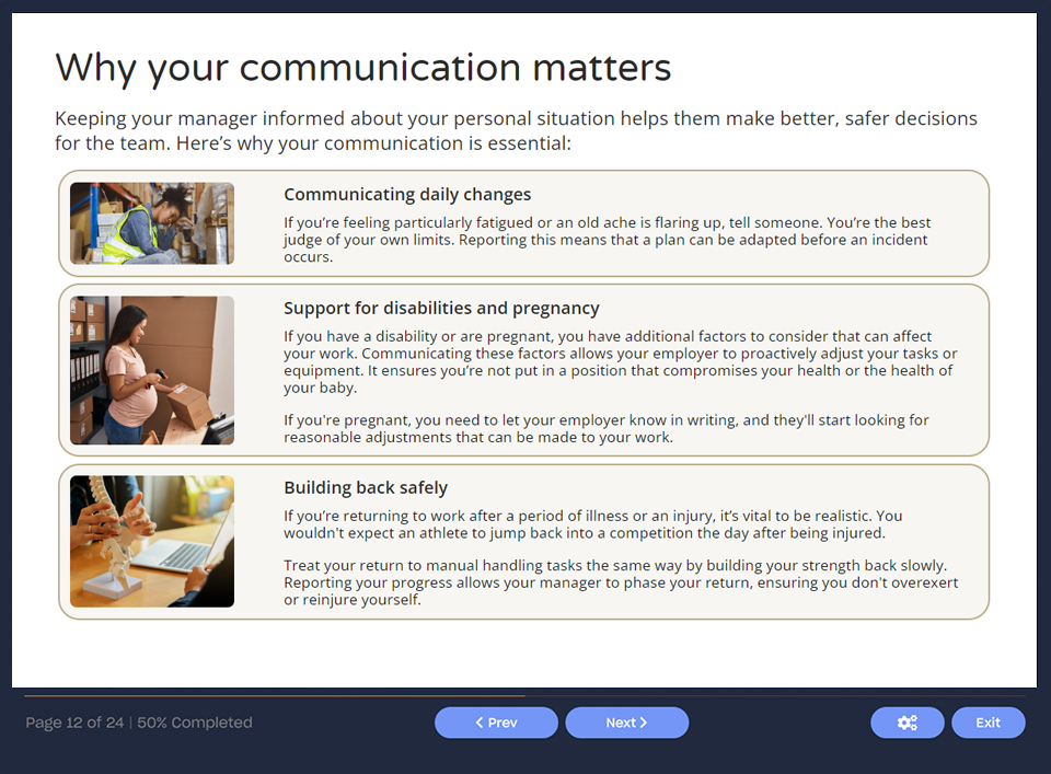 Course screenshot showing why communication matters when manual handling