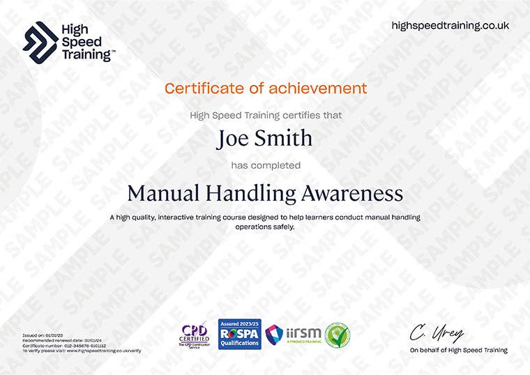 Sample Manual Handling Awareness Certificate