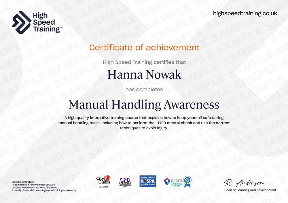 Sample Manual Handling Awareness Certificate