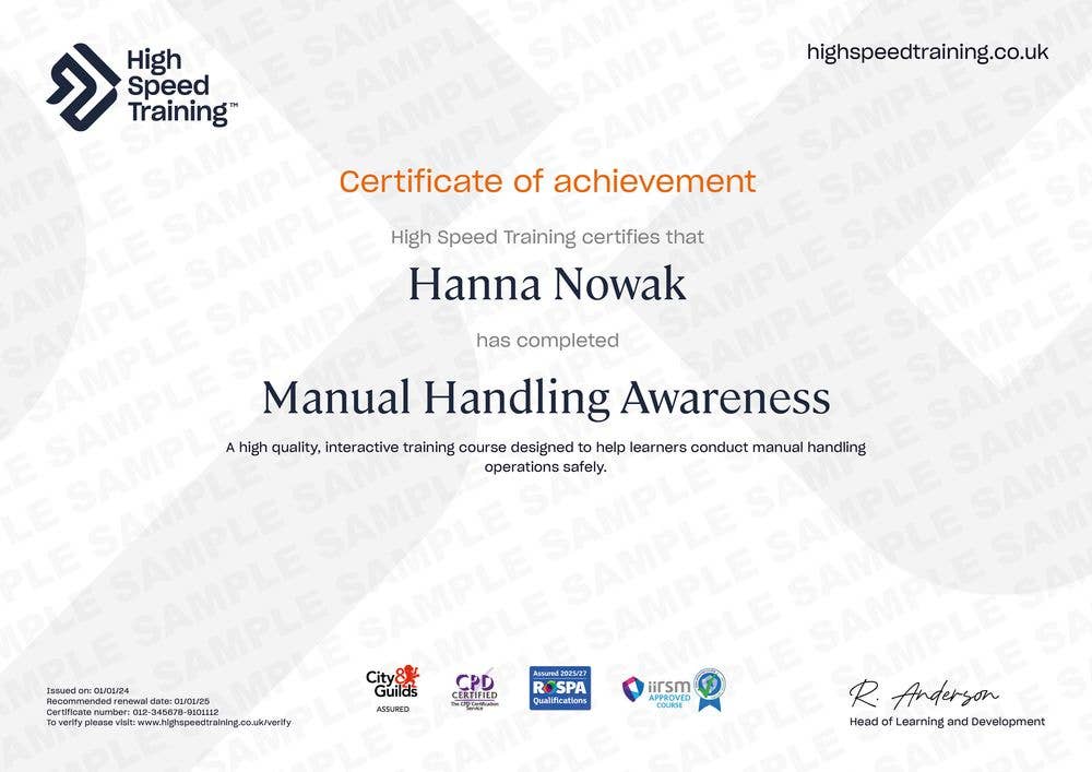 Sample Manual Handling Awareness Certificate