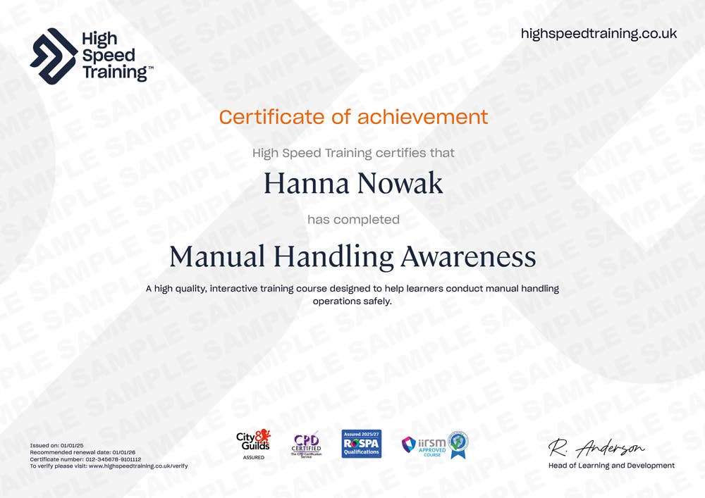 Sample Manual Handling Awareness certificate
