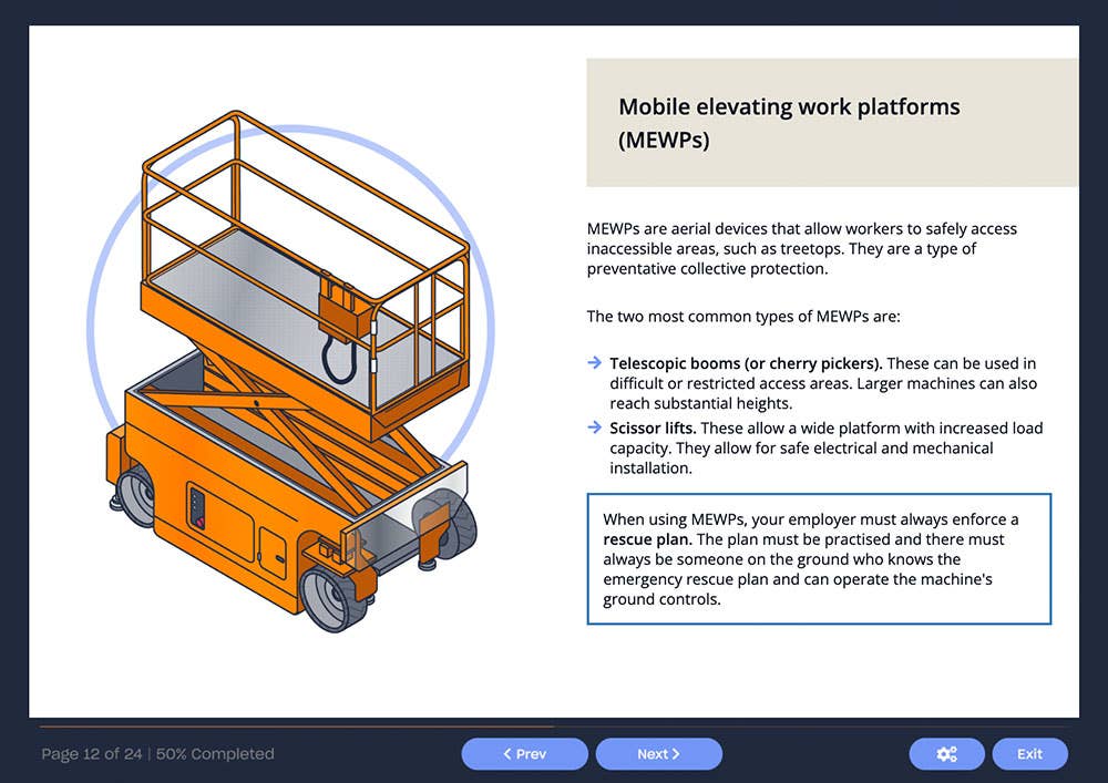 Course screenshot showing mobile elevating work platforms