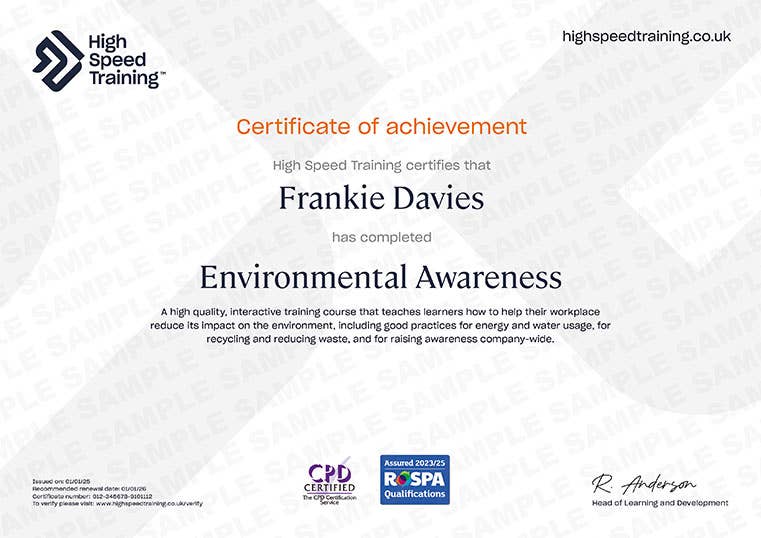 Sample Environmental Awareness Certificate