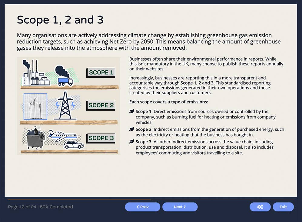 Course screenshot showing scope 1, 2 and 3 around emissions