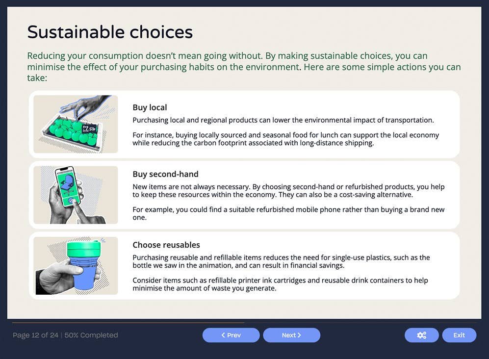 Course screenshot showing a series of sustainable choices