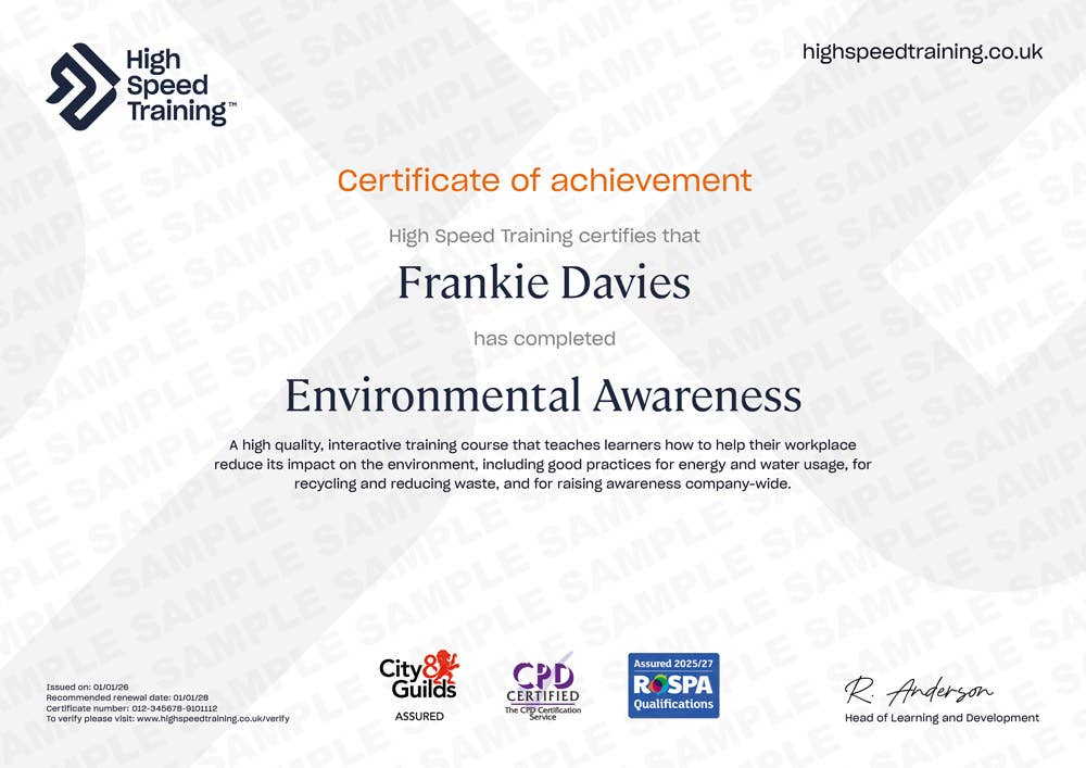 Sample Environmental Awareness certificate