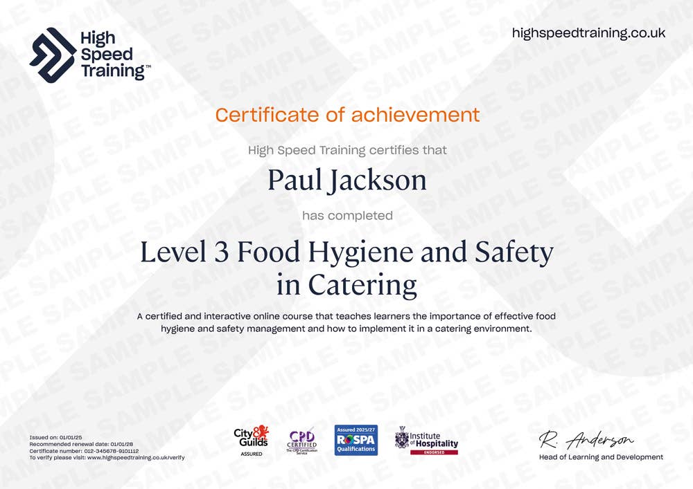 Sample Level 3 Food Hygiene and Safety in Catering certificate