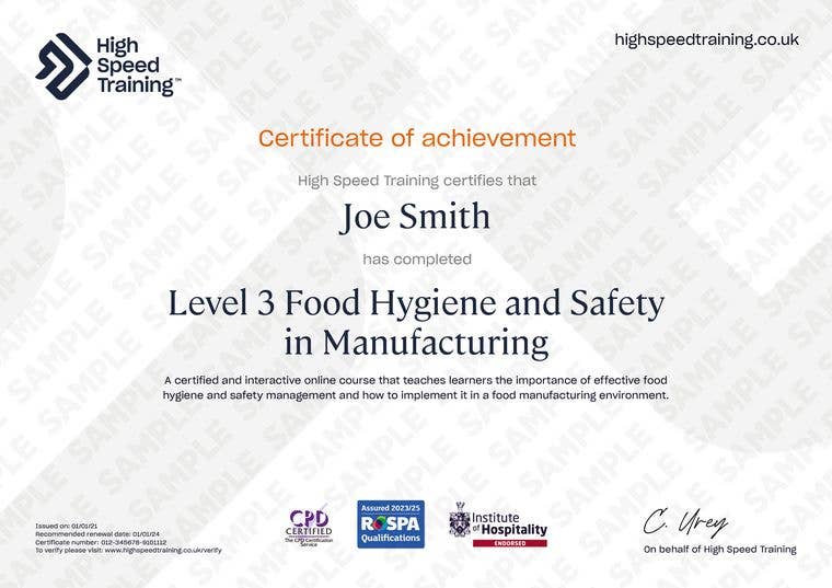 Sample Level 3 Food Hygiene and Safety in Manufacturing