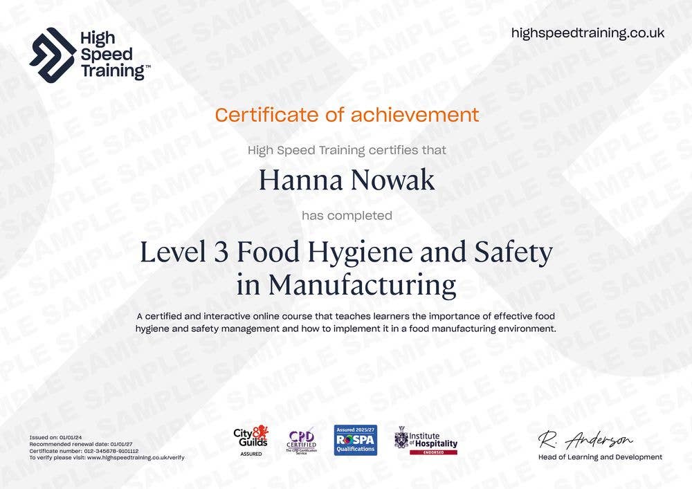 Sample Level 3 Food Hygiene and Safety in Manufacturing
