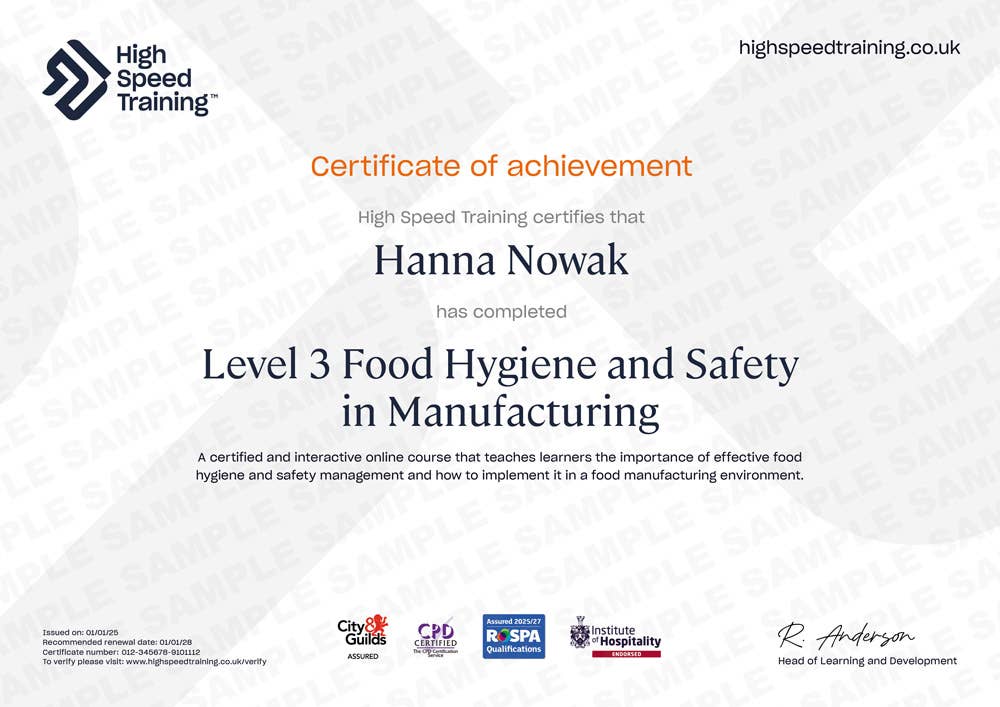 Sample Level 3 Food Hygiene and Safety in Manufacturing certificate