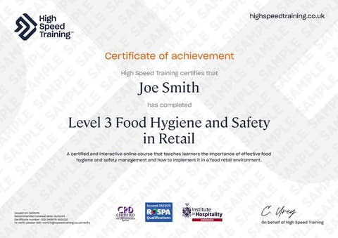 Sample Level 3 Food Hygiene and Safety in Retail certificate