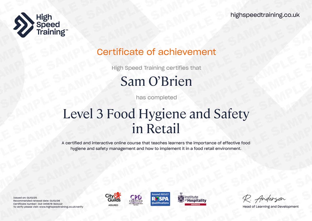 Sample Level 3 Food Hygiene and Safety in Retail