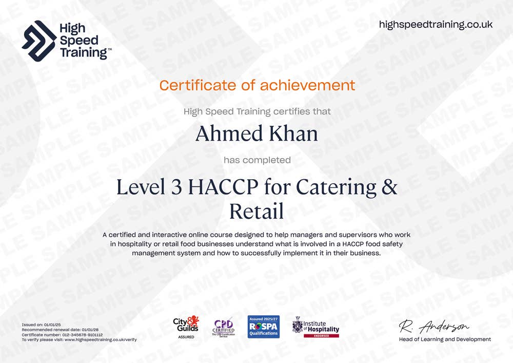 Sample Level 3 HACCP for Catering & Retail certificate