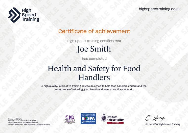 Health and Safety for Food Handlers - Example Certificate