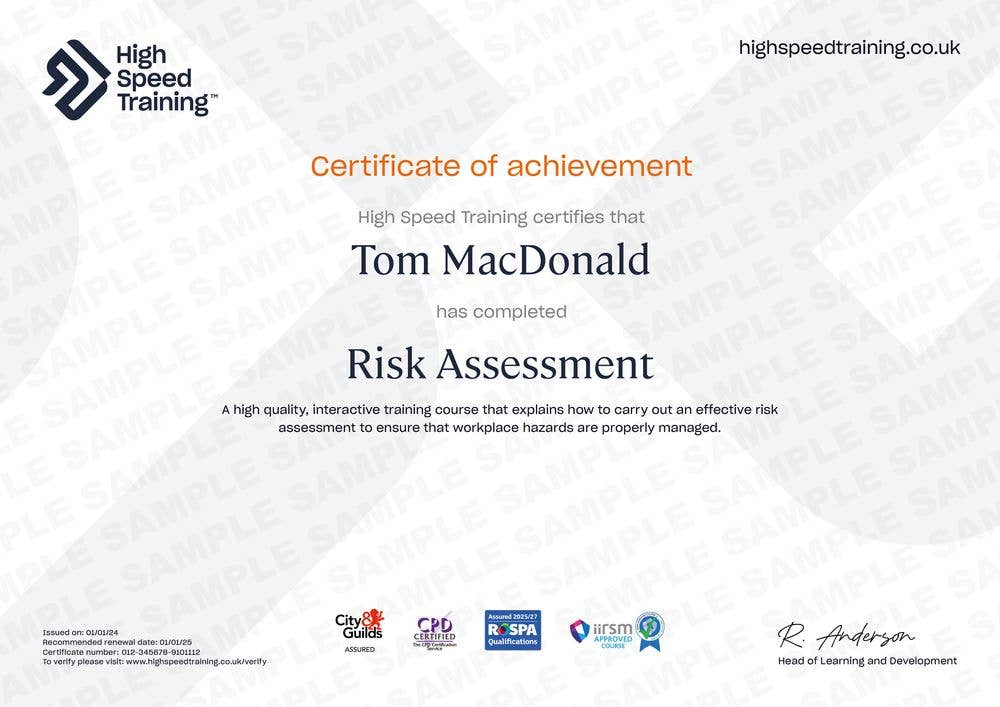 Risk Assessment certificate screenshot