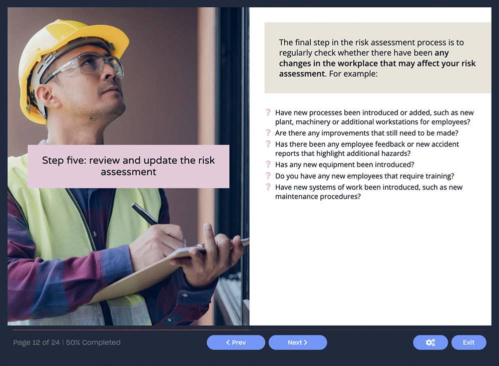 Course screenshot showing how to review and update the risk assessment