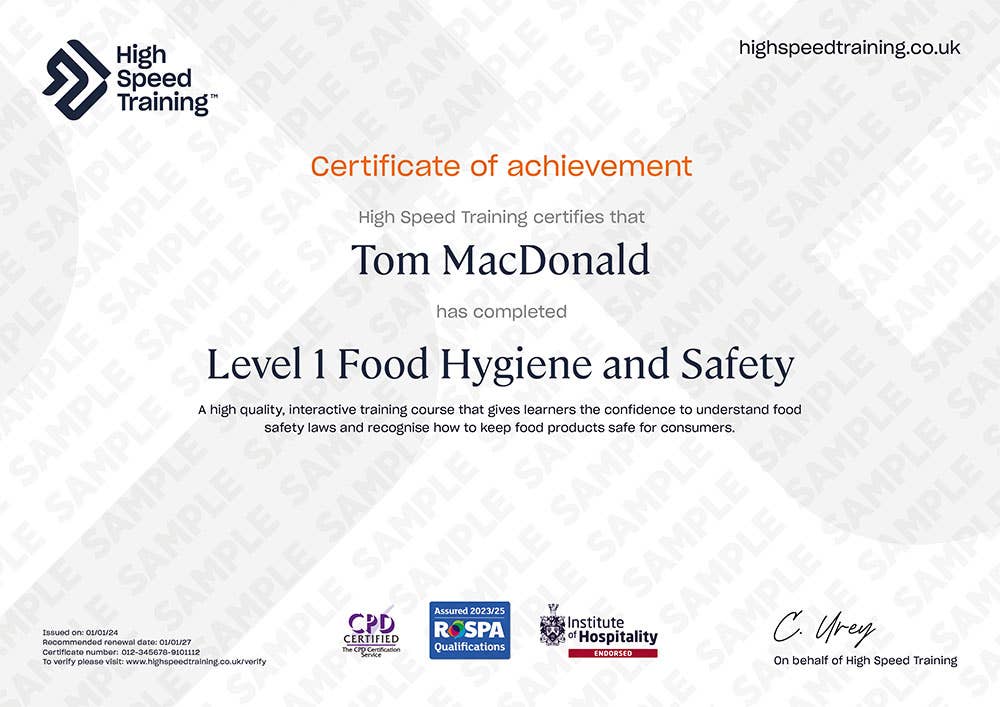 Sample Level 1 Food Hygiene and Safety Certificate