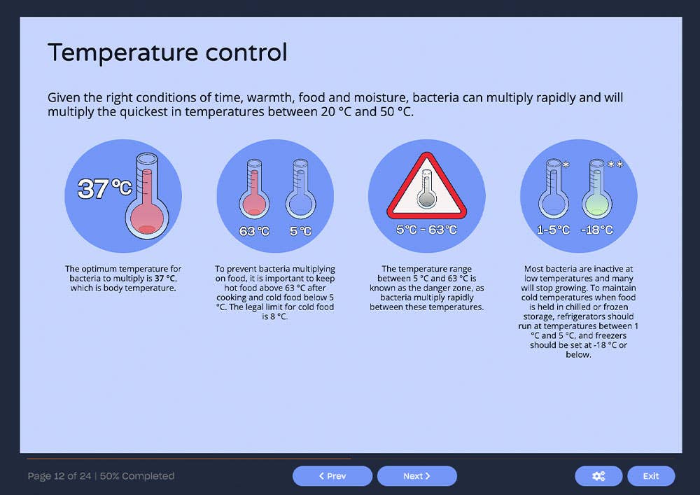 Course screenshot showing temperature control