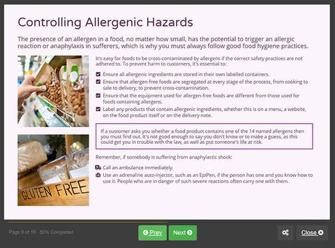 Course screenshot showing how to control allergenic hazards