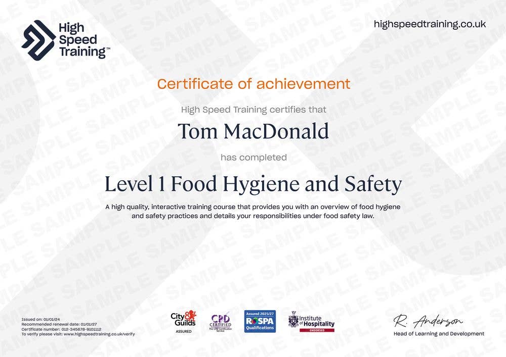 Sample Level 1 Food Hygiene and Safety Certificate