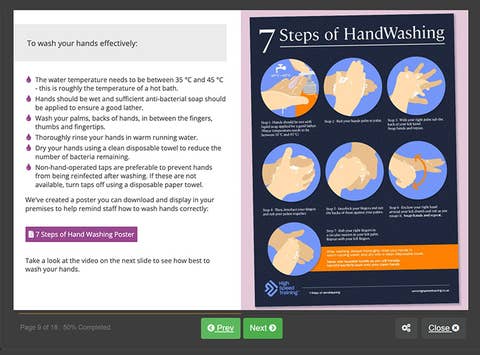 Course screenshot showing the 7 steps of handwashing