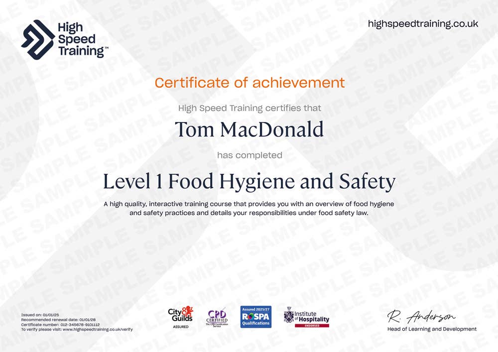 Sample Level 1 Food Hygiene and Safety Certificate