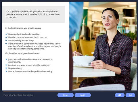 Course screenshot showing how to initially respond to a complaint