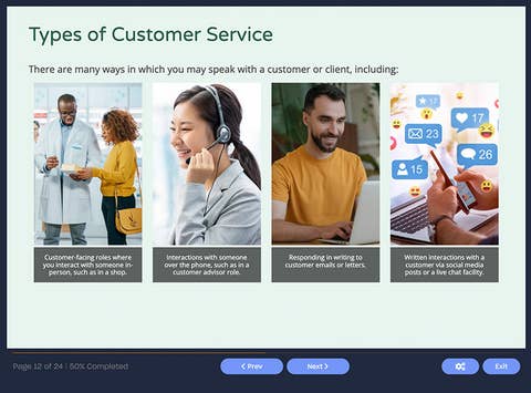 Course screenshot showing types of customer service
