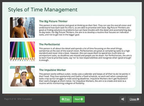 Course screenshot showing styles of time management