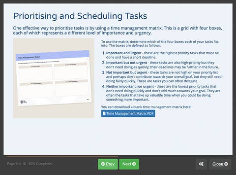 Course screenshot showing prioritising and scheduling tasks