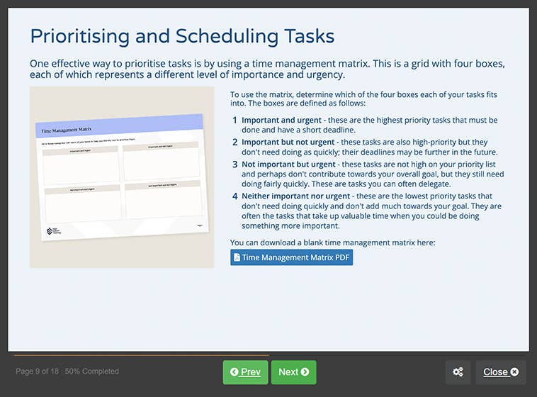 Course screenshot showing prioritising and scheduling tasks
