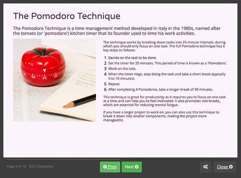 Course screenshot showing the pomodoro technique