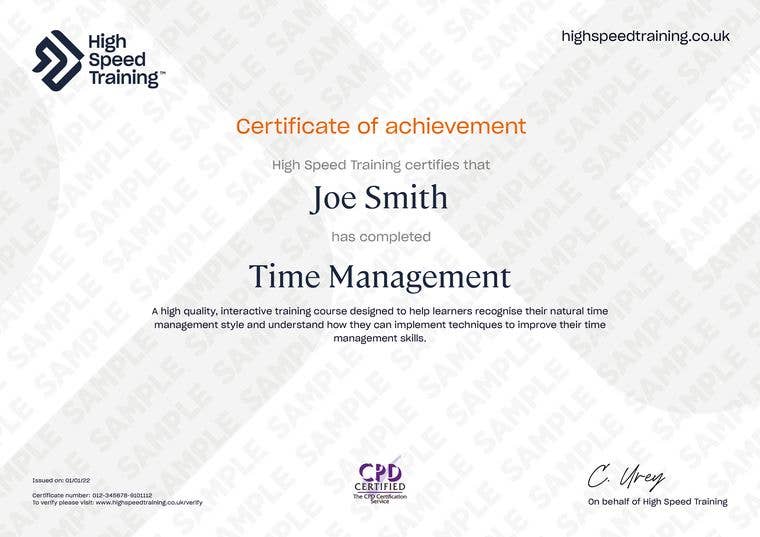 Sample Time Management Certificate