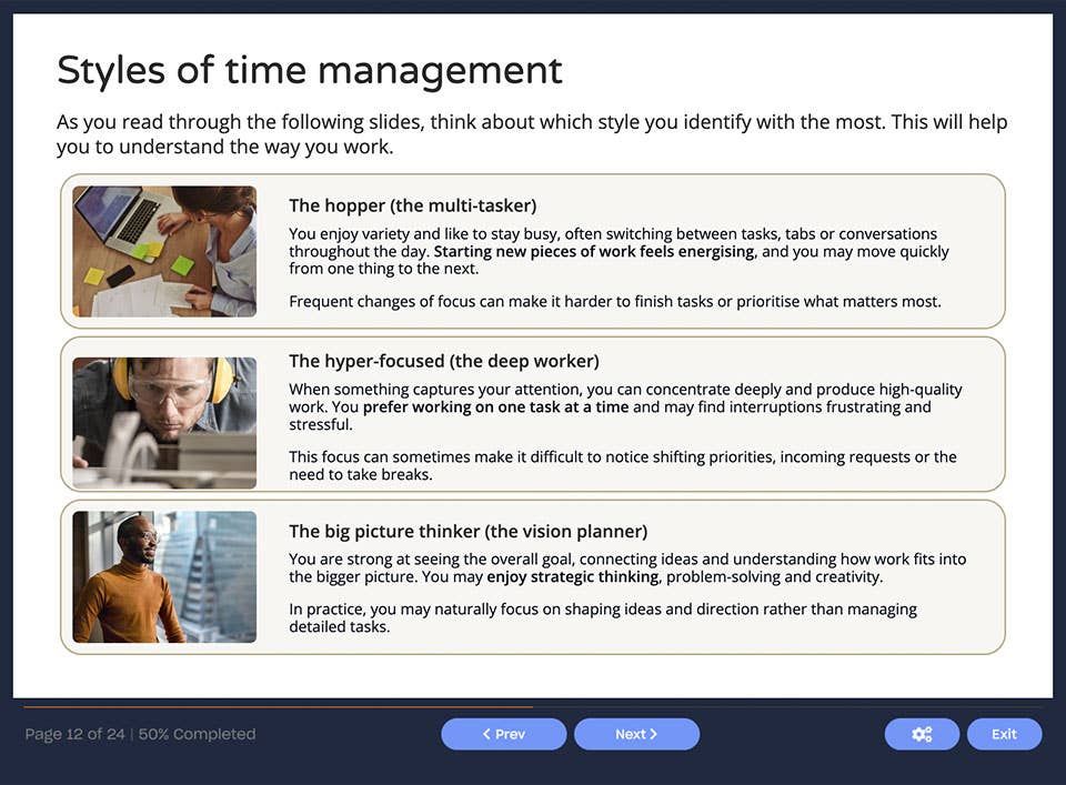 Course screenshot showing styles of time management