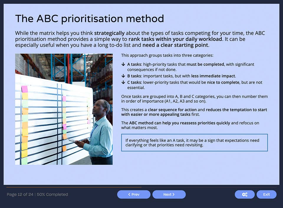 Course screenshot showing the ABC prioritisation method
