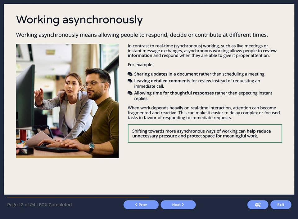 Course screenshot showing working asynchronously