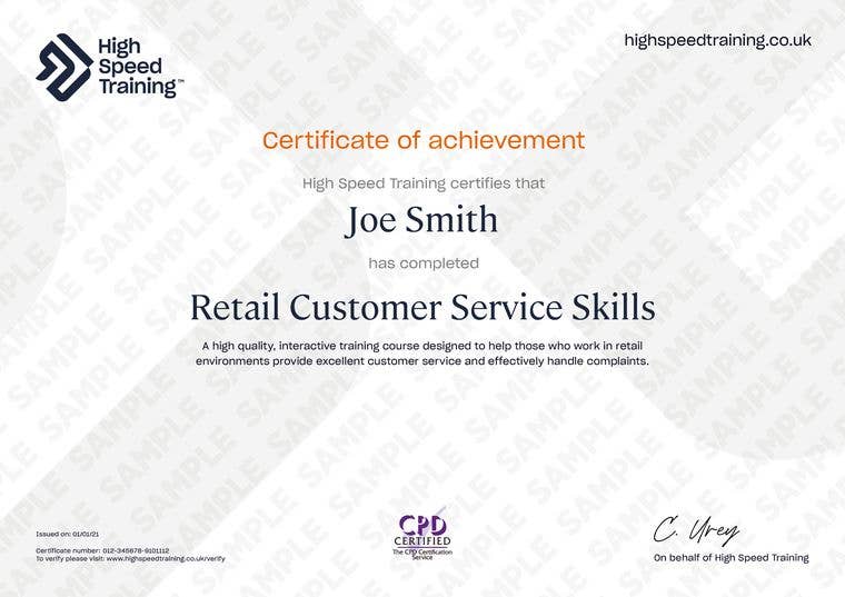Retail Customer Service Skills - Example Certificate
