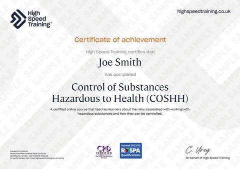 Sample Control of Substances Hazardous to Health (COSHH) Certificate