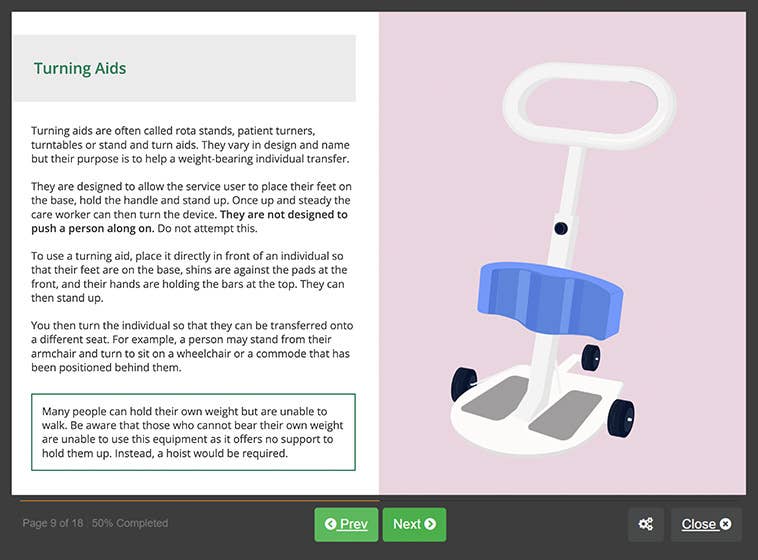 Course screenshot showing how to roll a service user in bed