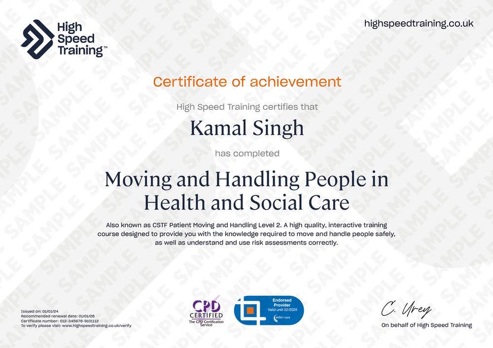 Sample Moving and Handling People in Health and Social Care certificate