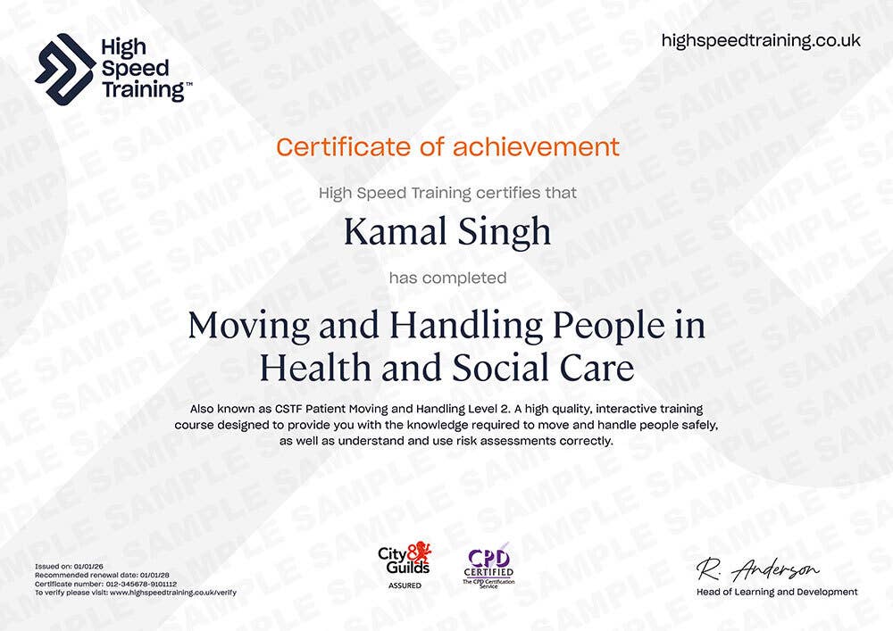 Sample Moving and Handling People in Health and Social Care certificate