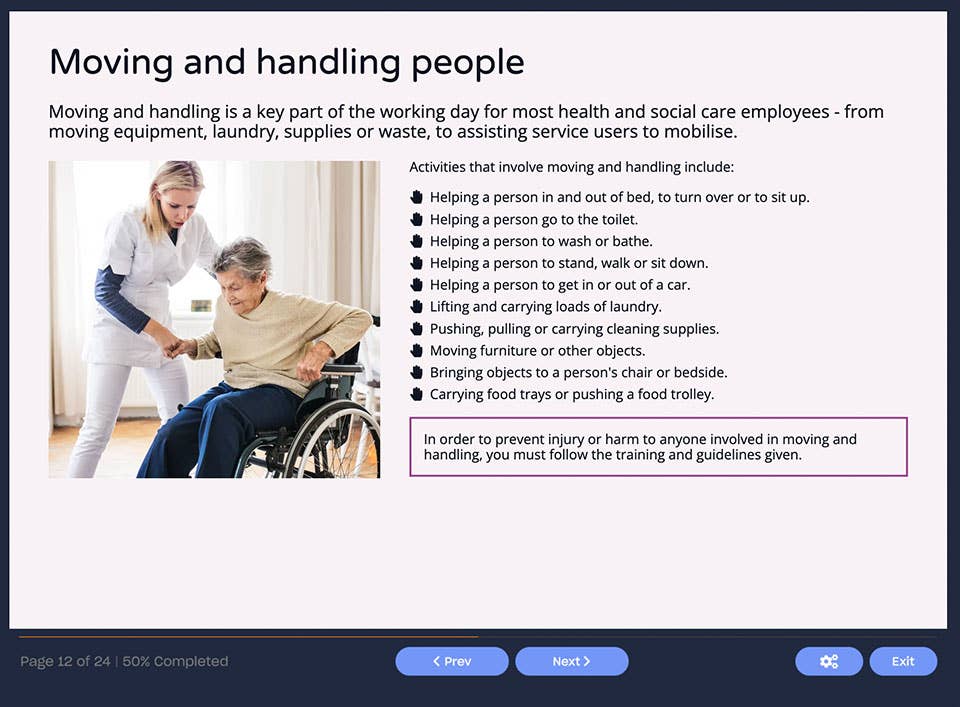 Screenshot showing activities that involve moving and handling