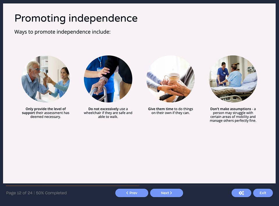 Course screenshot showing ways to promote independence