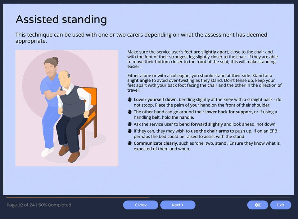 Course screenshot showing assisted standing technique