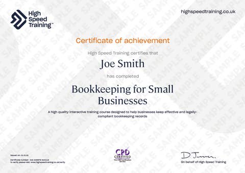 Sample Bookkeeping for Small Businesses Certificate