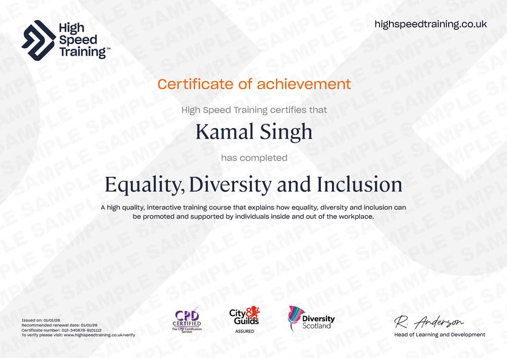 Sample Equality, Diversity and Inclusion Certificate