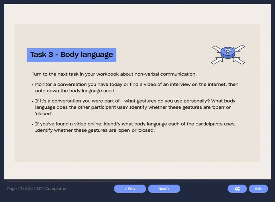 Course screenshot showing task 2 body language