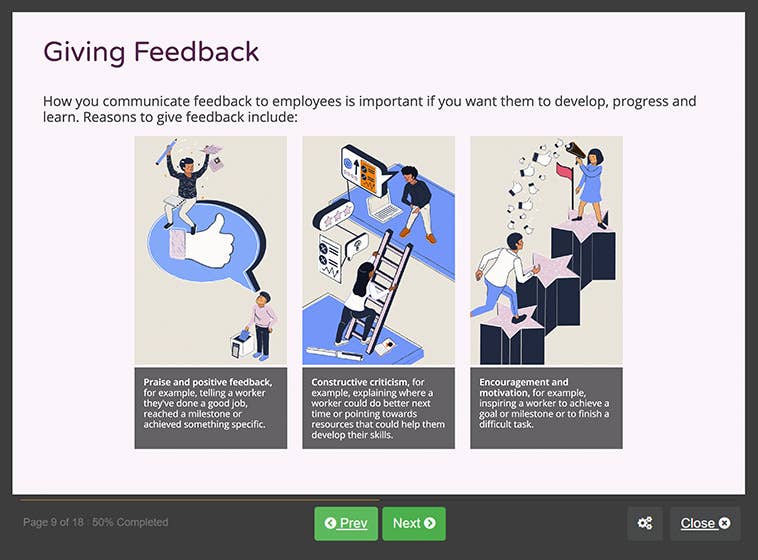 Course screenshot showing how to give feedback