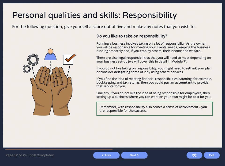 Course screenshot showing personal qualities and skills: responsibility